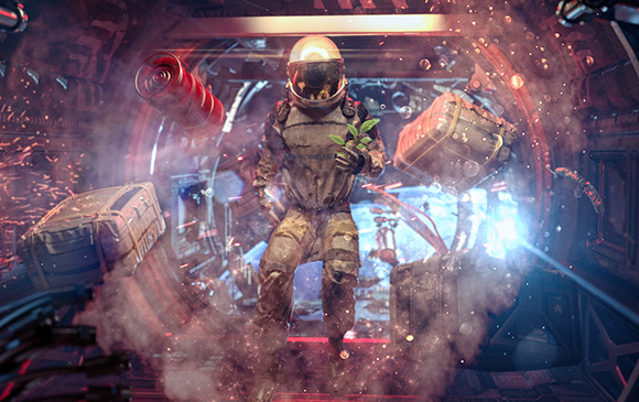 An astronaut in a spacesuit floats in a zero-gravity module holding a small green plant.