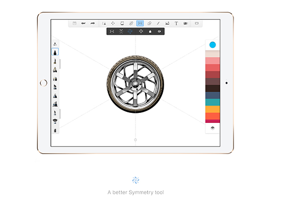 A white tablet shows a digital interface with a car wheel centered on a radial symmetry grid.