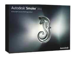 A black software box for Autodesk Smoke 2012 featuring a stylized seahorse logo.