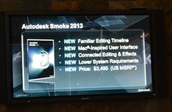 A digital display showing Autodesk Smoke 2013 features including a new timeline and Mac-inspired interface.