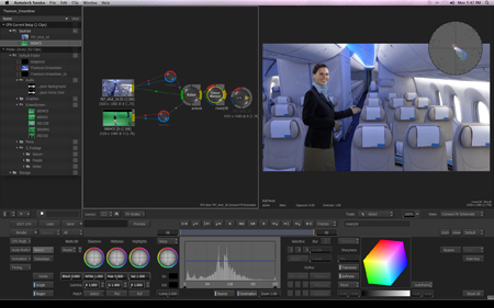 Video editing software interface with a node graph and a preview of a woman standing in an airplane aisle.