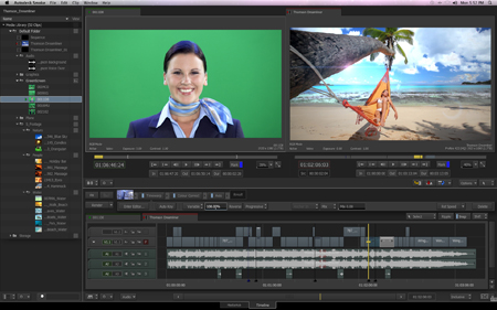 A video editing software interface showing a woman against a green screen and a tropical beach scene.
