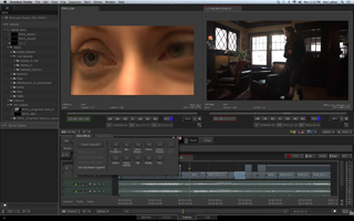 A video editing software interface with two preview windows showing a close-up of an eye and a person in a room.