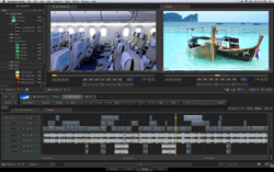 Video editing software interface displaying an airplane interior and a boat on tropical water.