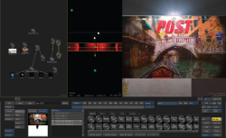 A video editing software interface showing a timeline, node graph, and video preview windows.