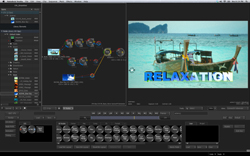 Video editing software interface with a node graph on the left and a tropical ocean preview on the right.