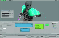 A 3D software interface showing a wireframe human model with glowing teal overlays and a node-based editor.