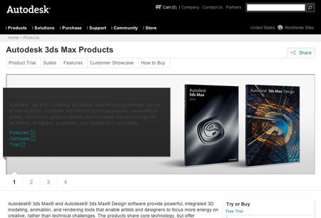 Autodesk website showing 3ds Max and 3ds Max Design software product boxes.