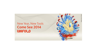 Banner with text 'New Year, New Tools Come See 2014 UNFOLD' and a colorful abstract bird illustration.