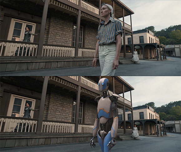 Split screen: a woman in a striped shirt walks past a porch, while a blue and tan robot walks the same path.