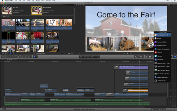 Final Cut Pro interface showing a video timeline, media browser, and a preview window with the text 'Come to the Fair!'.