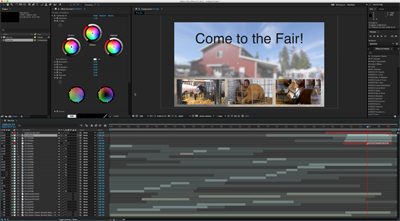 A digital video editing software interface with a timeline, color wheels, and a preview window.