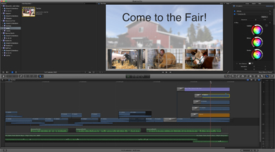 Video editing software interface showing a preview window with a fair-themed graphic and a multi-track timeline.