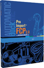 Blue software box for Pro Import FCP 2.0 with technical line art illustrations.