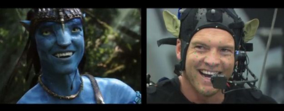 Split screen of a blue Na'vi character and an actor wearing a motion-capture headset and facial markers.