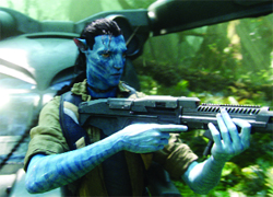 A blue-skinned humanoid with pointed ears aims a large black rifle in a lush green forest.
