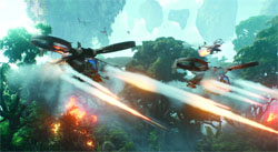 Two military helicopters fly over a dense jungle, firing bright orange tracer rounds and missiles.