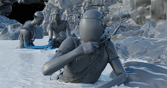 Three grey, humanoid figures with smooth skin emerge from water amidst rocky terrain.