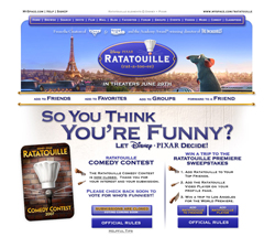 Disney Pixar Ratatouille movie advertisement with a comedy contest sweepstakes announcement.