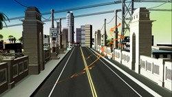 A perspective view of a two-lane asphalt road with yellow lines, flanked by stone pillars and city buildings.