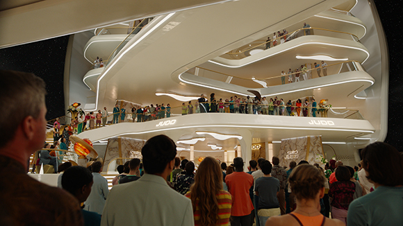 A large, multi-tiered white futuristic building with glowing lights and many people on various balconies.
