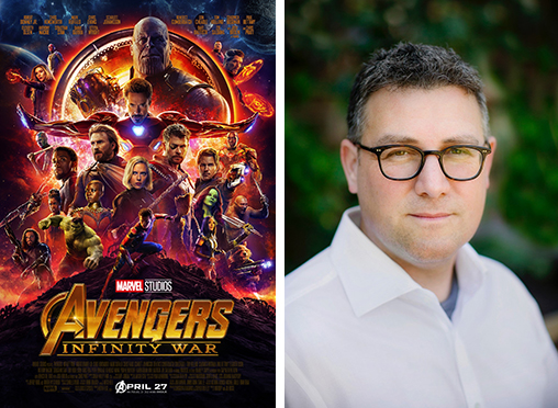 A movie poster for Avengers: Infinity War next to a portrait of a man with glasses.