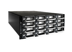 A black server rack containing twelve silver drive bays arranged in four columns and three rows.