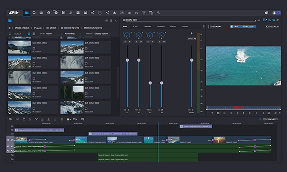 Avid Media Composer interface showing a video timeline, media bin, and a preview window of ocean waves.
