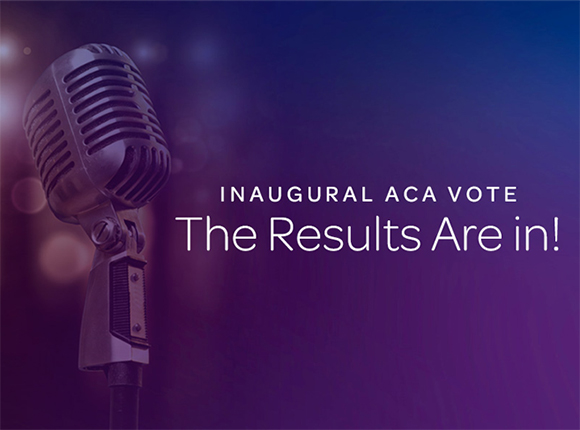 Vintage silver microphone on a purple gradient background with text reading 'INAUGURAL ACA VOTE The Results Are in!'