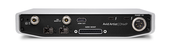 Rear view of an Avid Artist | DNxIP device with SDI, HDMI, audio, and power ports on a black panel.