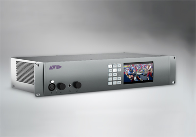 A silver Avid rack-mounted media server with a small digital display and control buttons.