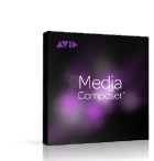 A black software box with the Avid logo and the text Media Composer in white against a purple bokeh background.