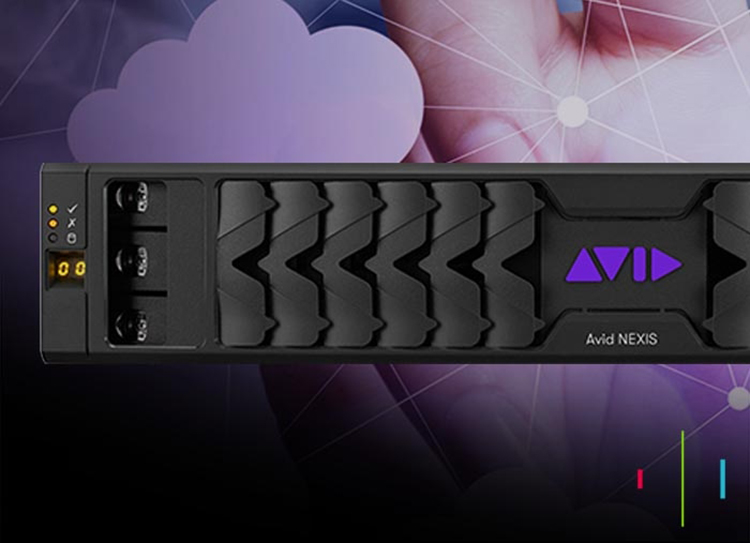 A black Avid NEXIS server unit with textured ridges and a purple logo against a purple cloud background.