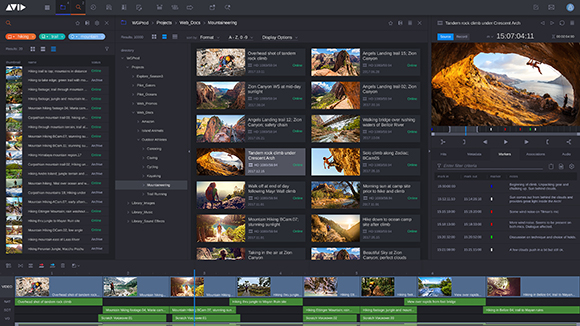 A digital interface of video editing software displaying media clips, a timeline, and project folders.