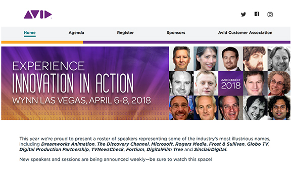 Banner for Avid Connect 2018 in Las Vegas featuring a grid of speaker portraits and event details.