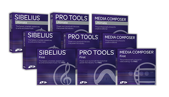 Assorted purple software boxes for Sibelius, Pro Tools, and Media Composer in Ultimate, standard, and First editions.