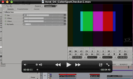 Video editing software interface showing a colorful rectangular test pattern on a dark background.