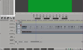 Video editing software interface with a timeline, various tool panels, and a green screen preview window.
