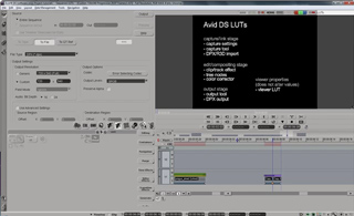 Software interface showing video editing tools, timeline, and a black screen with text about Avid DS LUTs.