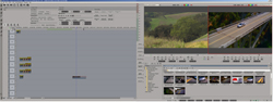 A digital interface of a video editing software showing a timeline, preview windows, and media assets.