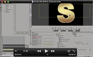 Video editing software interface showing a large golden letter S on a dark background.