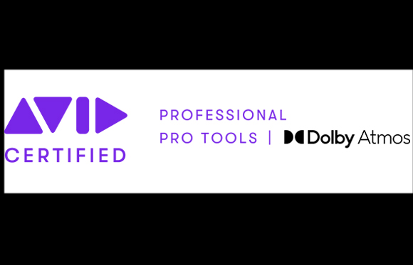 Purple Avid logo with text reading Professional Pro Tools and Dolby Atmos Certified.