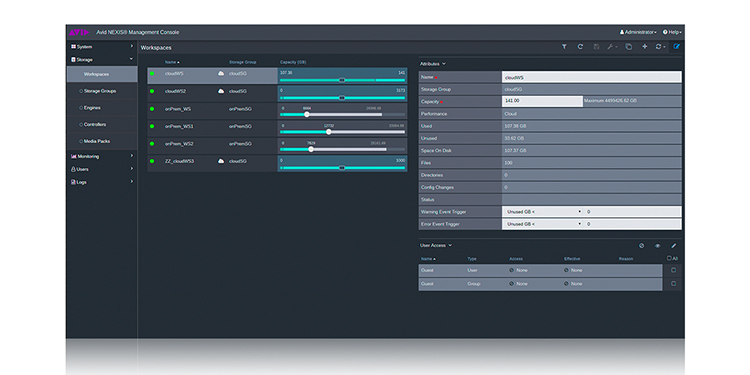 Dashboard of Avid NEXIS Management Console displaying workspace capacity, storage groups, and user access.