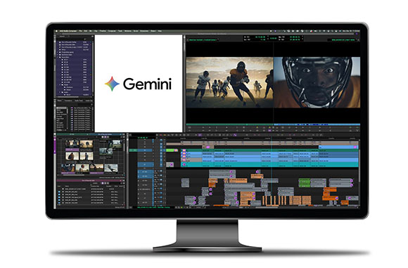 Computer monitor showing a video editing interface with a Gemini logo and football footage.