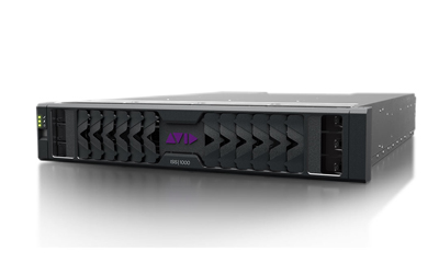 A black Avid ISIS 1000 rack-mounted storage server unit shown from a front three-quarter angle.