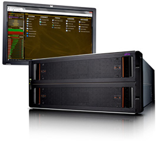 A computer monitor showing a software dashboard behind a black dual-bay server chassis.