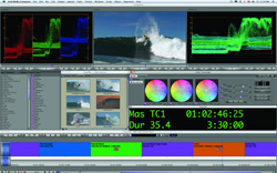Video editing software interface with wave footage, color wheels, and data graphs.