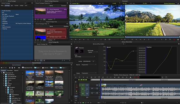A complex video editing software interface with multiple video preview windows, timelines, and file browser panels.
