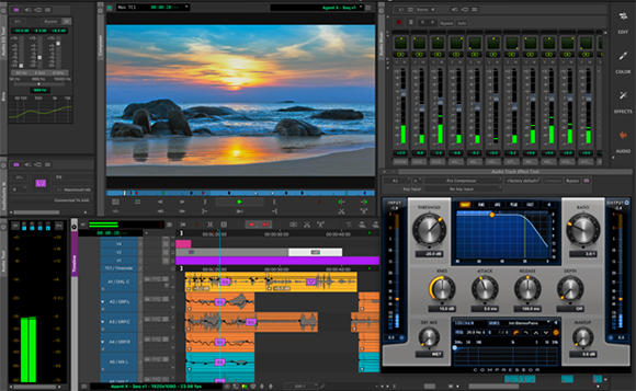 A complex digital audio workstation interface showing a video preview of a sunset beach, audio sliders, and a compressor plug