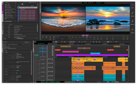 Video editing software interface with a dual-screen preview of beach sunsets and a multi-track timeline below.